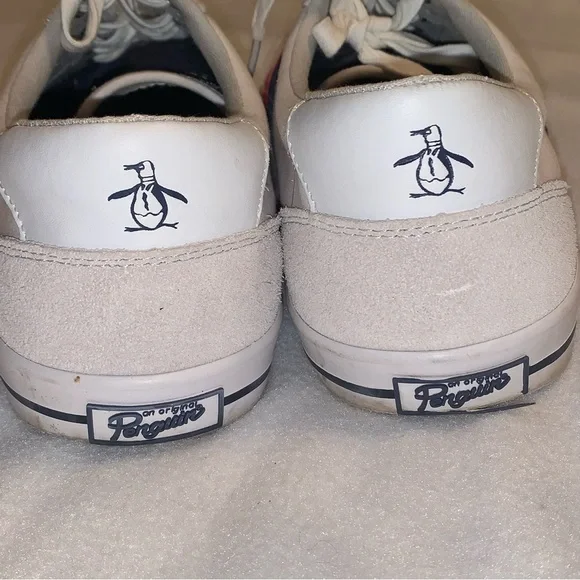 Original Penguin Mens Sz 12 Sneakers White Red/Blue Stripes Canvas Leather - Picture 5 of 9